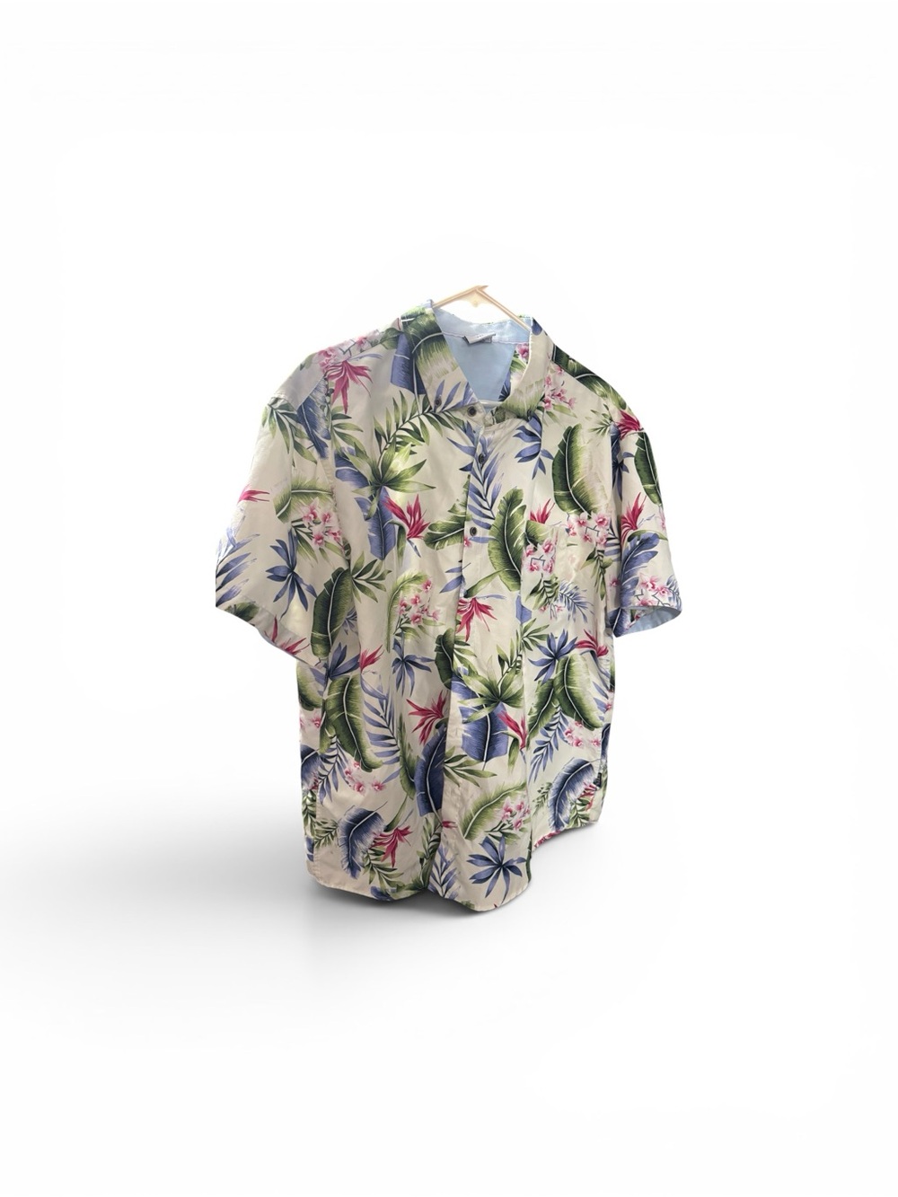 Classic Tropical Print Short-Sleeve Button-Down Shirt - Cream/Green